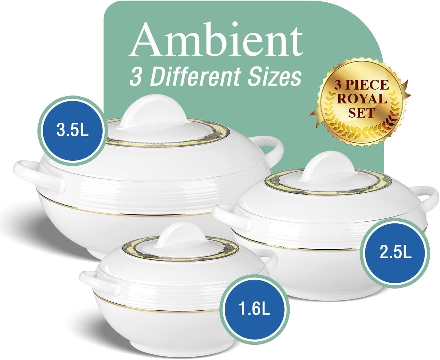 Ambiente Food Warmer Hot Pot Set Of Insulated Casseroles 1.2 1.6 And 2.5 Litre