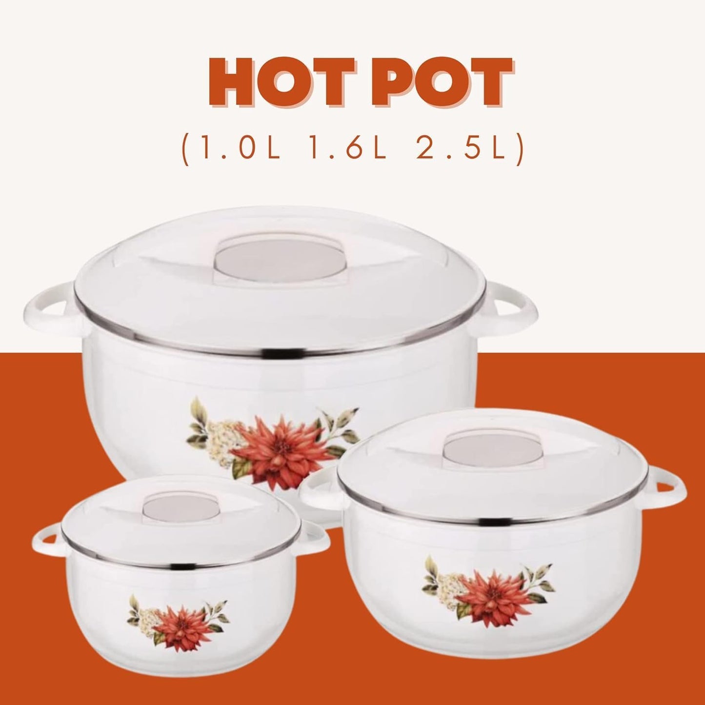 Nova Food Warmer Hot Pot Set Of Insulated Casseroles 1.2 1.6 And 2.5 Litre